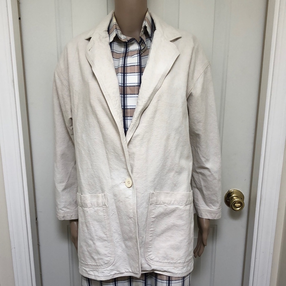 VTG Rare 80s Levi Strauss X Perry Ellis Beige Cotton Linen Denim Blazer Unlined